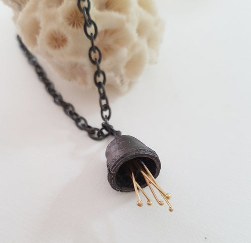 Large Oxidised Gum Nut Pendant with 18K Gold Accent
