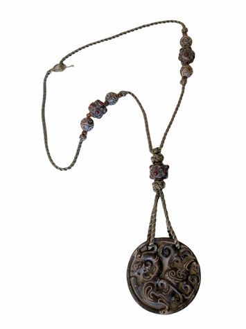 Carved Shiu Jade Beads, Tibetan Carnelian Beads and Green Silk Knot Necklace