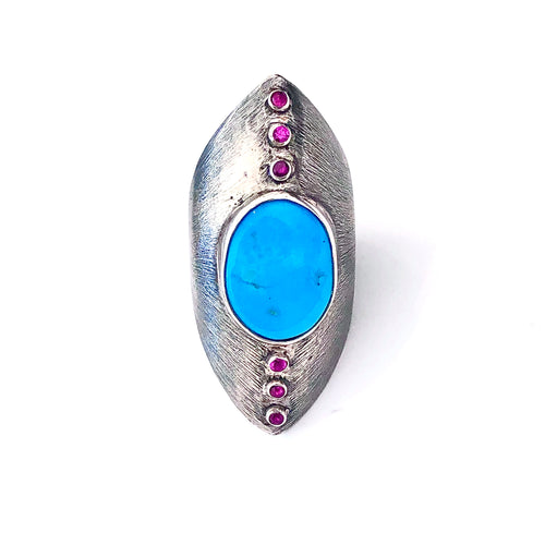 Ruby and Turquoise Silver Textured Statement Ring