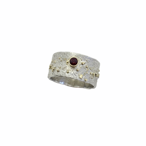 Reticulated Silver Cuff set with  rose cut Garnet and 18k gold powder accent
