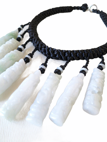 Shiu Jade, Fresh Water Pearls, Beige Silk Chain, and Beige Chinese Knots Necklace