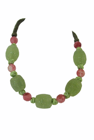 Imperial Green Color Round Jade and Rose Quartz Carved Bead Necklace
