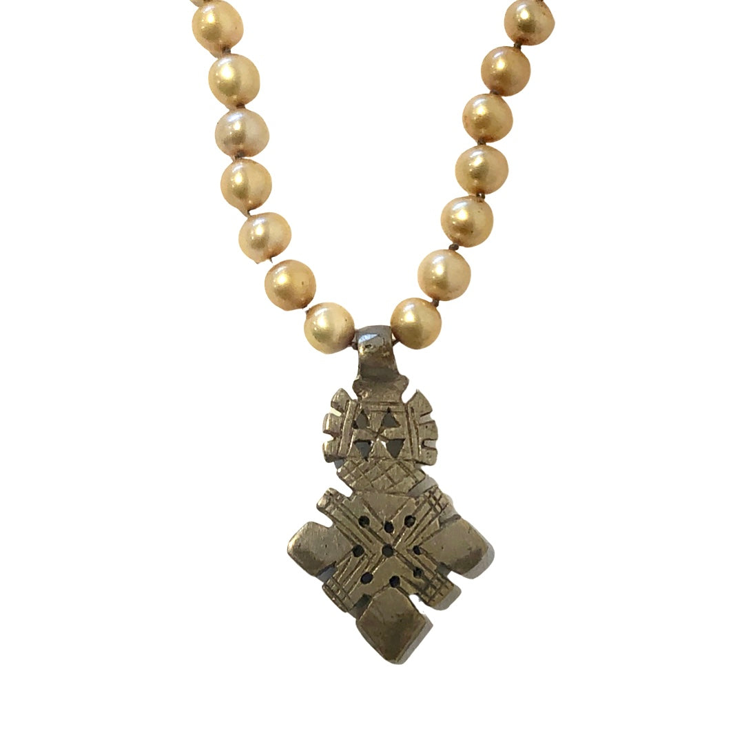Freshwater Golden Potato Pearl Necklace with Ethiopian Cross