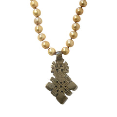 Freshwater Golden Potato Pearl Necklace with Ethiopian Cross