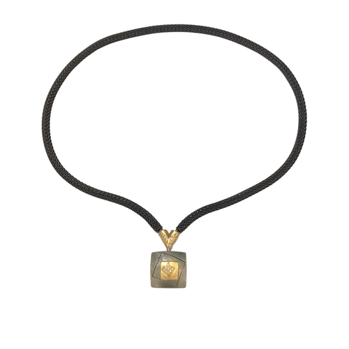 Diamond Square Pendant with Y shape Diamond Connector on 18" Black Mesh Chain