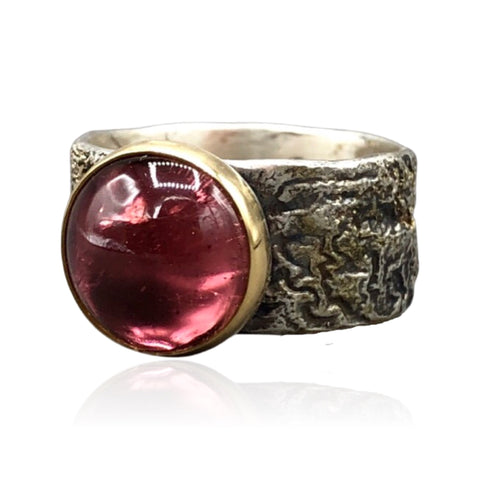 Reticulated Silver Ring, pink tourmaline set 18k gold bezel with gold accents,