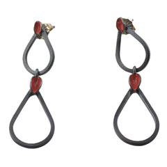 Earrings of Links-2 in Sterling Silver Oxidized and with Red Enamel Paint