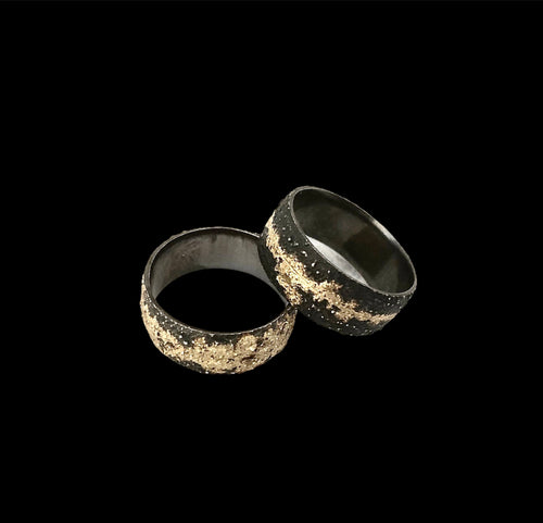 Wide Fog Sand Band in Oxidized Silver with 18k Yellow Gold
