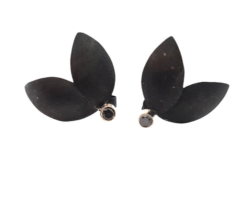Oxidized Double Leaf Studs with Black Diamonds