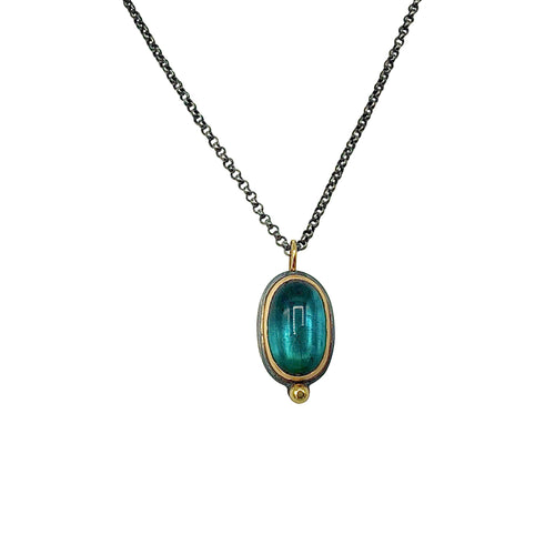 Large Brazilian Indicolite Tourmaline Cabochon Necklace with 18k Gold on Oxidized Sterling Silver Chain