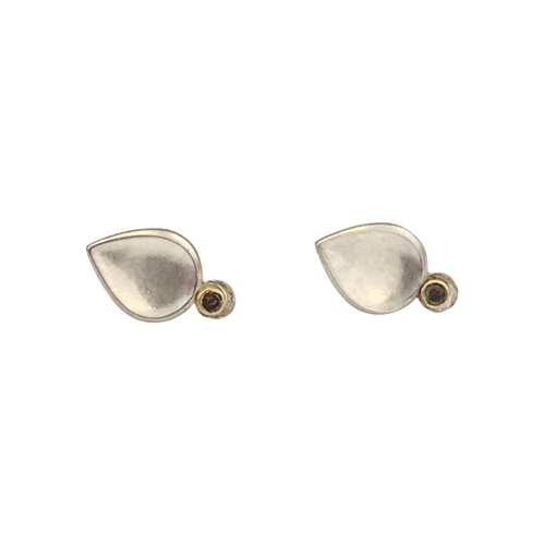 Sterling Silver Stud Earrings with Champagne Diamond in 18k Gold Bezel