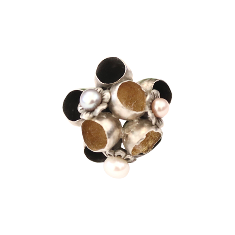 BLOOM Ring with 2 Blooms of Brushed Sterling Silver and 22k Gold Leaf and Pearls