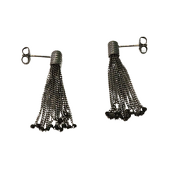 Oxidized Sterling Silver 15 Strands Tassel Earrings with Black Spinels
