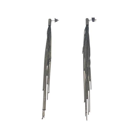 Oxidized Sterling Silver 10 Strands Tassel Earrings with Black Spinels