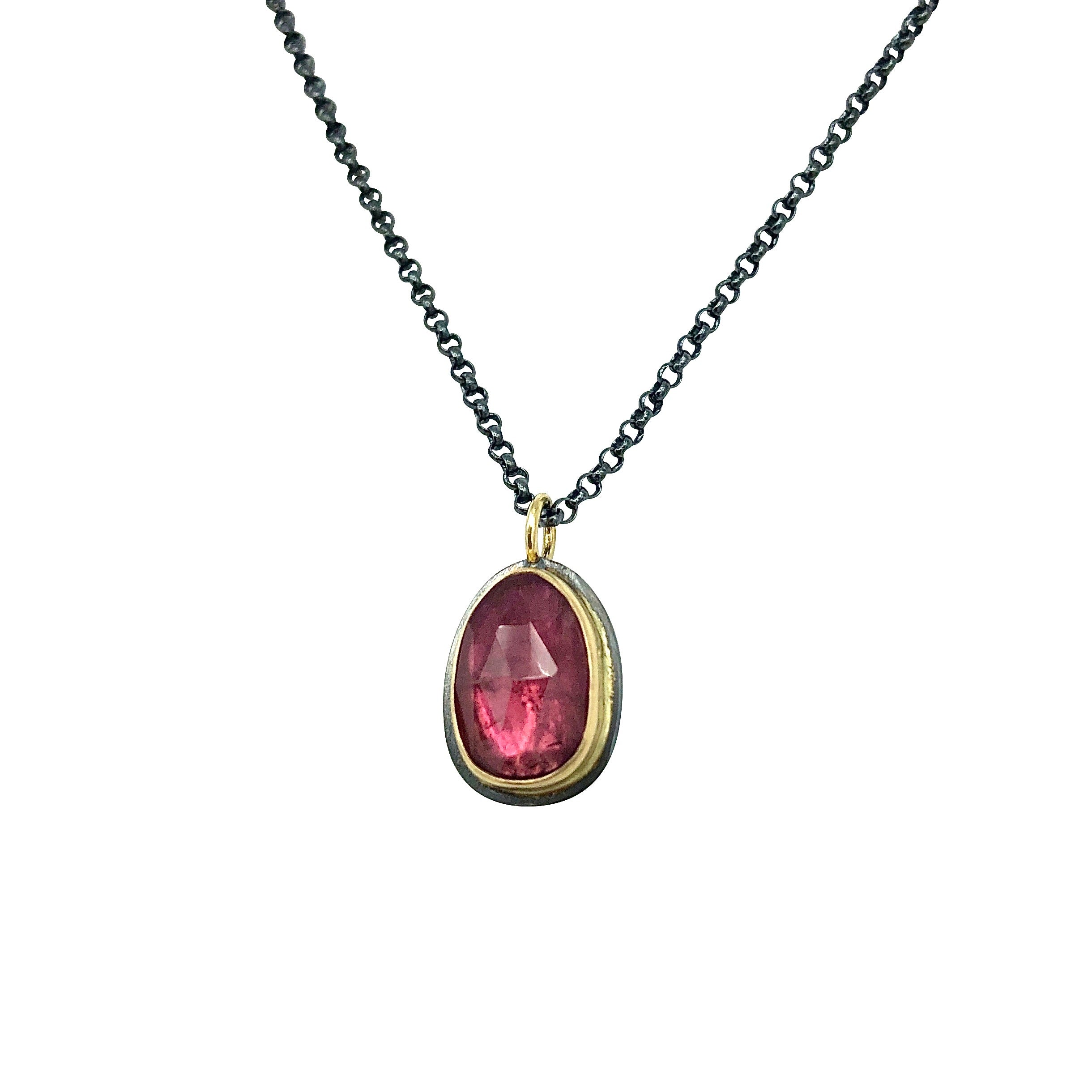 Pink Rose Cut Tourmaline Necklace set in 18k Gold on Oxidized Sterling Silver Chain