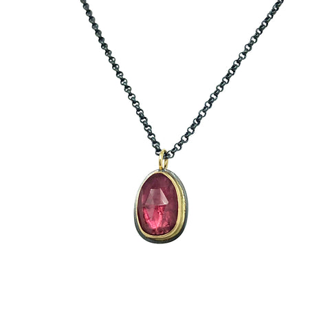 Primal Droplet Set with Rose Cut Red Sapphire in 18K Gold and Oxidized Silver