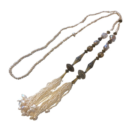 White Baroque Pearl Lariat Necklace with Tribal Beads and Pearl Tassels