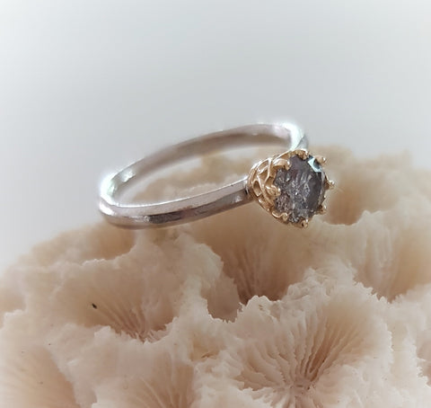 Gold and Silver Wrap Ring with Round Diamond and Pear Shape Moss Aquamarine