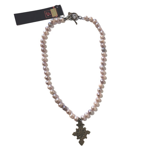 Freshwater Pink Potato Pearl Necklace with Ethiopian Cross