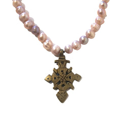 Freshwater Pink Potato Pearl Necklace with Ethiopian Cross
