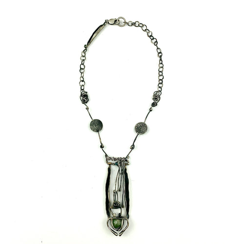 Sculptural Necklace with Blue Topaz and Caged Green Rough Stone