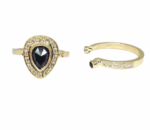 14k Gold Negative Space Black Diamond Ring Bezel Set with Pave Set Diamond Accent