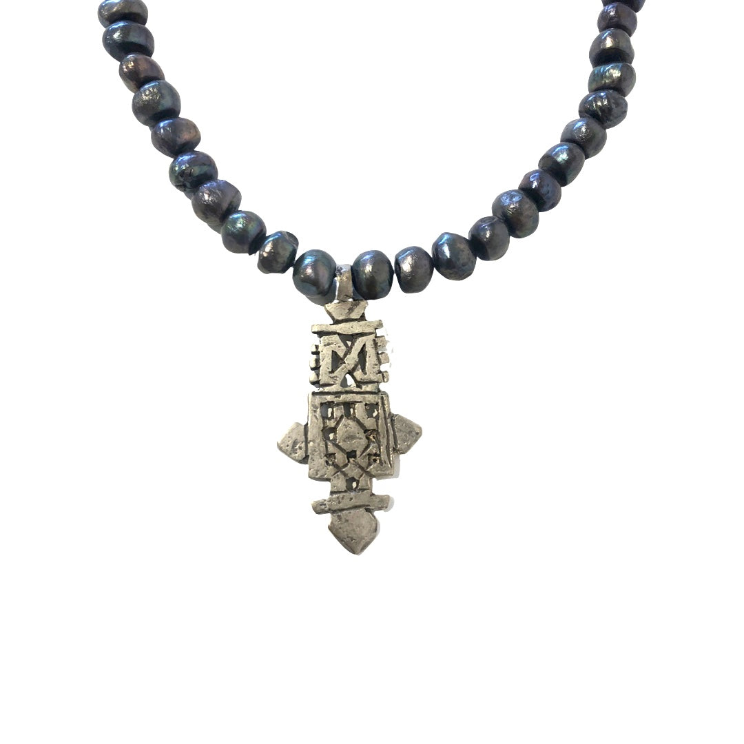 Black Beaded Silver Chevron Cross Pendant Necklace | Icing US