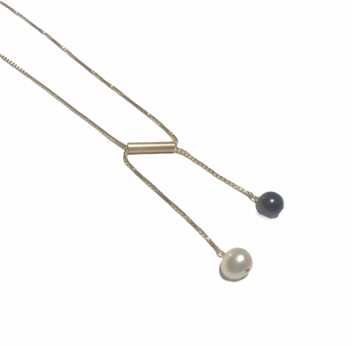 Twin Necklace with Freshwater White and Black Pearls on Gold-filled Box Chain