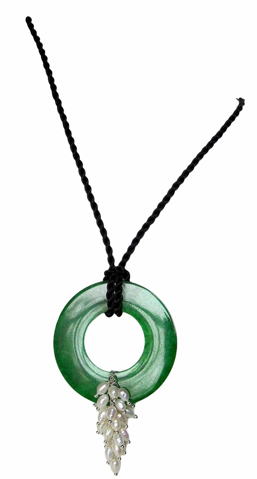 Jade Disc Fresh Water Pearl Cluster and Black Cord Necklace
