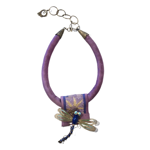 Lavender Silk Cord Necklace with Gold and Blue Dragonfly