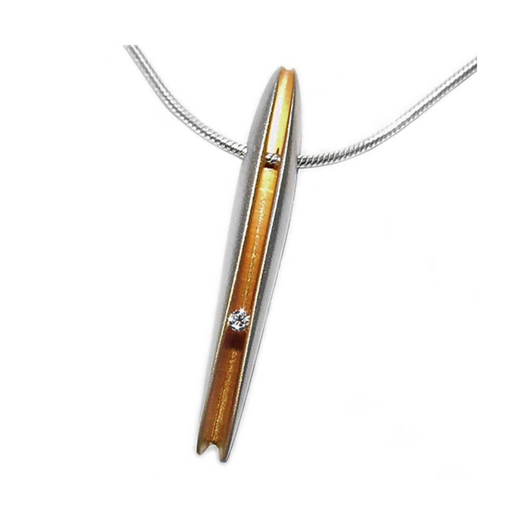 Long silver shell pendant with 3pt diamond & 22K gold plated interior