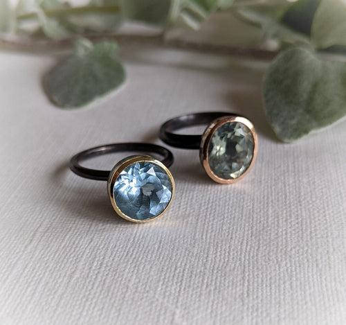 11mm x 9mm pale green quartz, 2mm oxidized silver and 18ct rose gold cup ring
