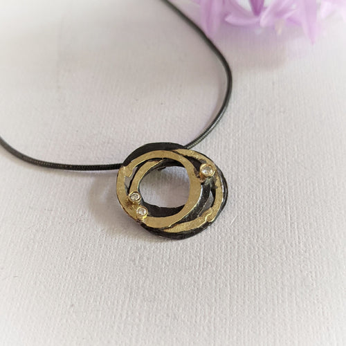 Oxidized Silver and Gold Wrap Pendant with 3 Various Size Diamonds