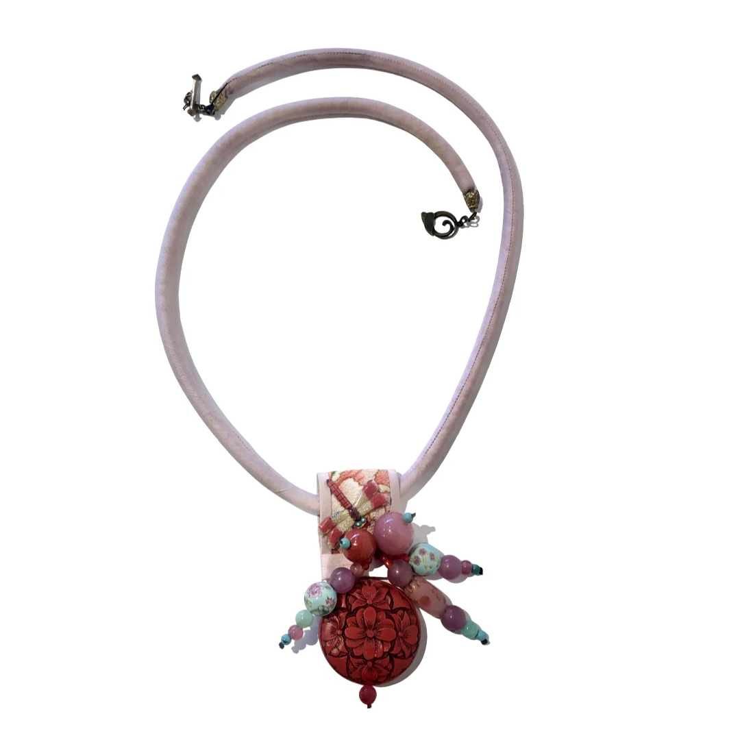 Pink Silk Cord Necklace with Cinnabars, Dragonfly, and Amethyst and Pe –  Lireille