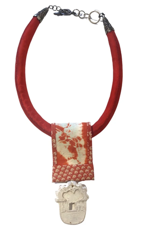 Floral Kimono Silk Cord Necklace with Assorted Embellishments and Jasper Pendant