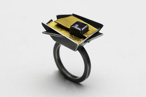 Geometric Shape Yellow and Blue Flower Ring in Silver And Gold With Iolite