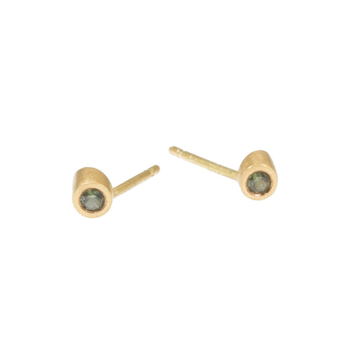 Angled Tube Post Earrings in 18k Yellow Gold with natural green sapphire