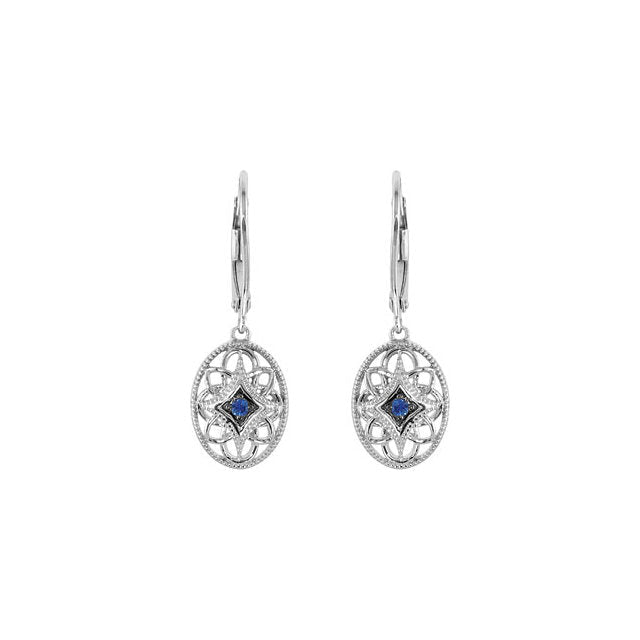 Vintage Style Sterling Silver Lever Back Blue Sapphire Earrings