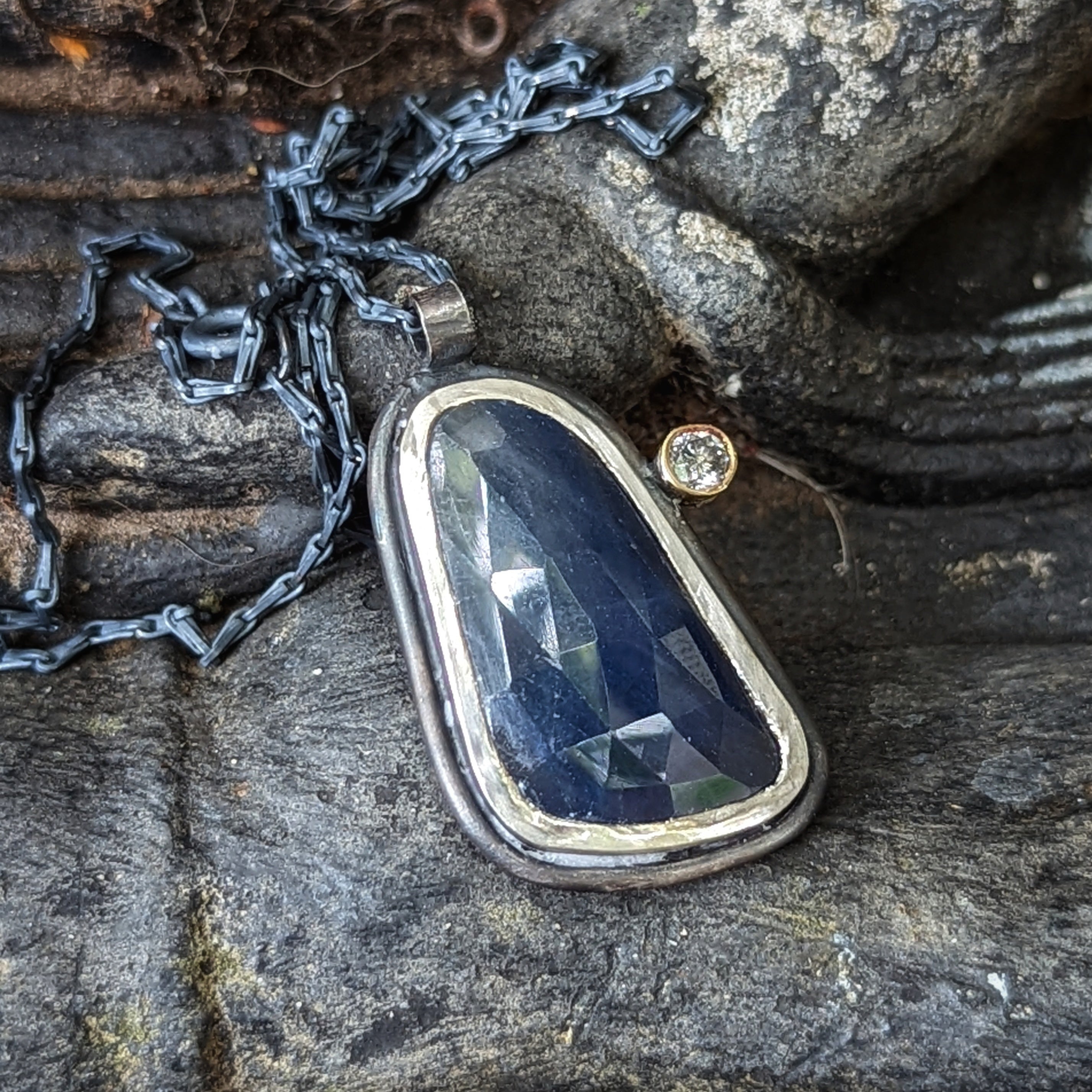 Oxidised Sapphire Shard Pendant with Diamond Accent