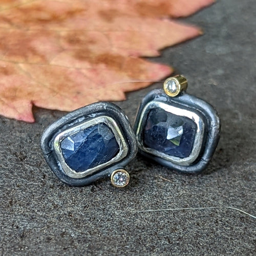 Oxidized Silver Sapphire with Diamond Accent Studs Earrings