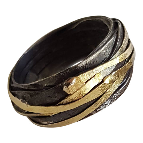 BLOOM Ring with 2  Blooms of Sterling silver oxidized and  22k gold leaf