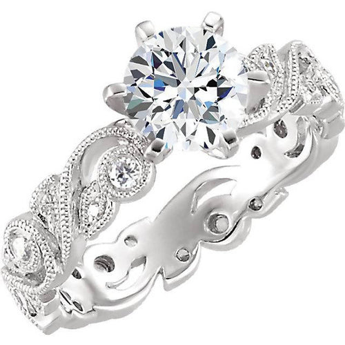 Floral 14K White Gold Round Diamond Semi-Mount Engagement Ring