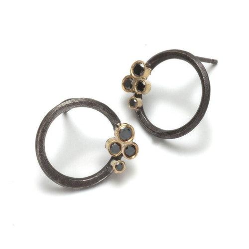 Oxidized Hoop Studs and Diamonds Cluster Earrings