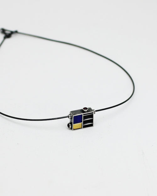 Architectural Cube with Lapiz, Tourmaline and Gold Accents Necklace